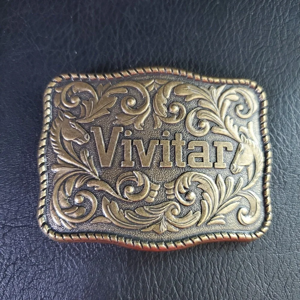 Vivitar Promo Belt Buckle Brass Tone Western Horse Floral Scroll Photography